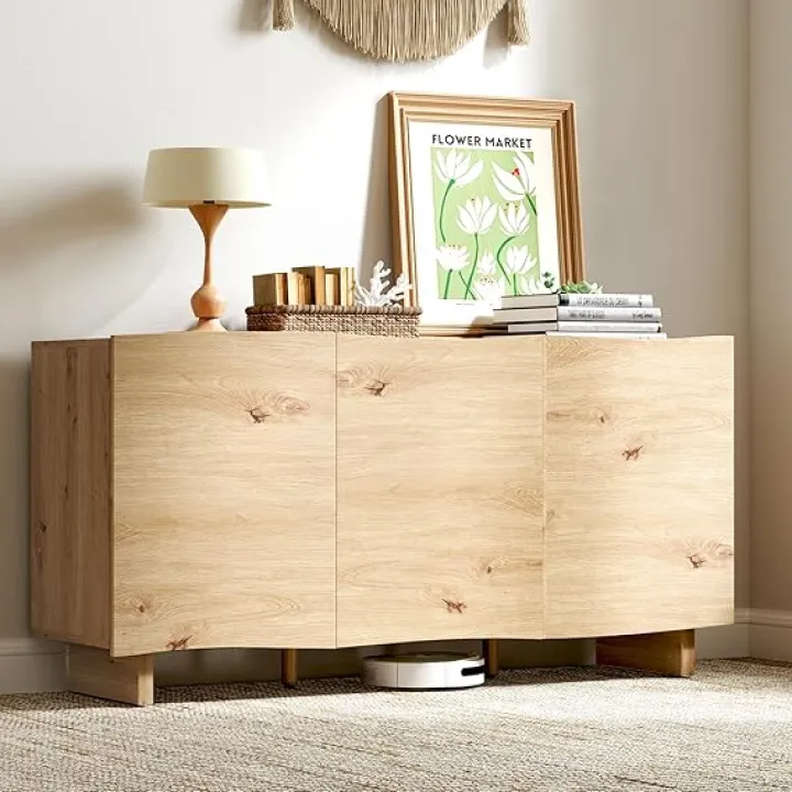 ANJ 55" Sideboard Buffet Cabinet with Storage,Modern Wave Credenza Accent Cabinet Console Side Board with Adjustable Shelves for Kitchen Living Room Entryway