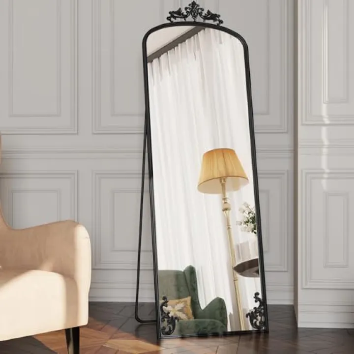 HLR 65"x21" Tall Arched Full Length Mirror, Vintage Full Body Mirrors with Carved Metal Frame, Freestanding Floor Mirror for Home Decor, Bedroom, Living Room, Hallway, Black