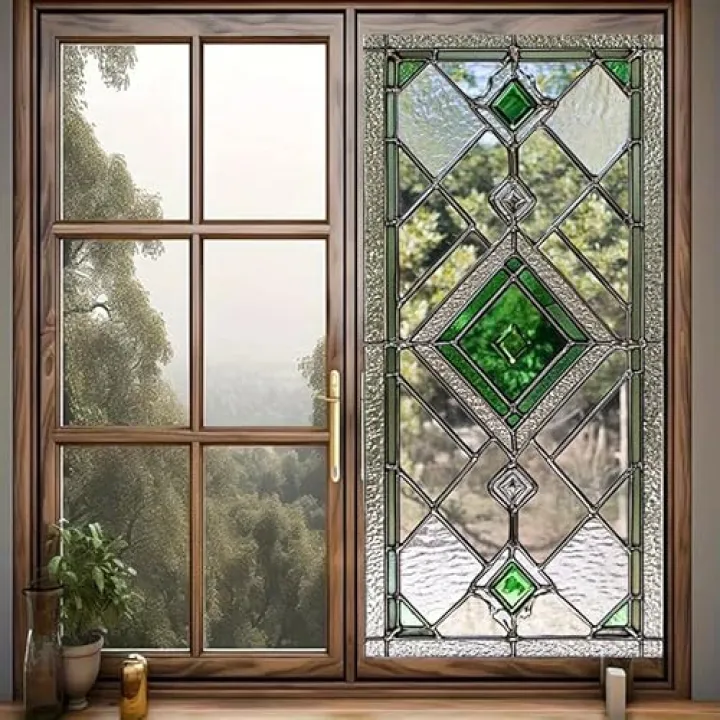 HOMETITUTE Stained Glass Window Film 17.7x39.3 inch Green Irregular Geometry Grid Window Privacy Film Stained Decals Static Cling Sun Blocking Decor for Home Office Windows Door Glass Partitions