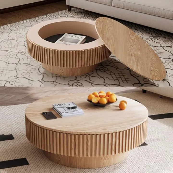 31.5" Round Coffee Table with Large Storage,Modern Wooden Veneered Tea Table,Hidden Fluted Design Accent Side Table for Living Room,Apartment,Office,Natural Wood