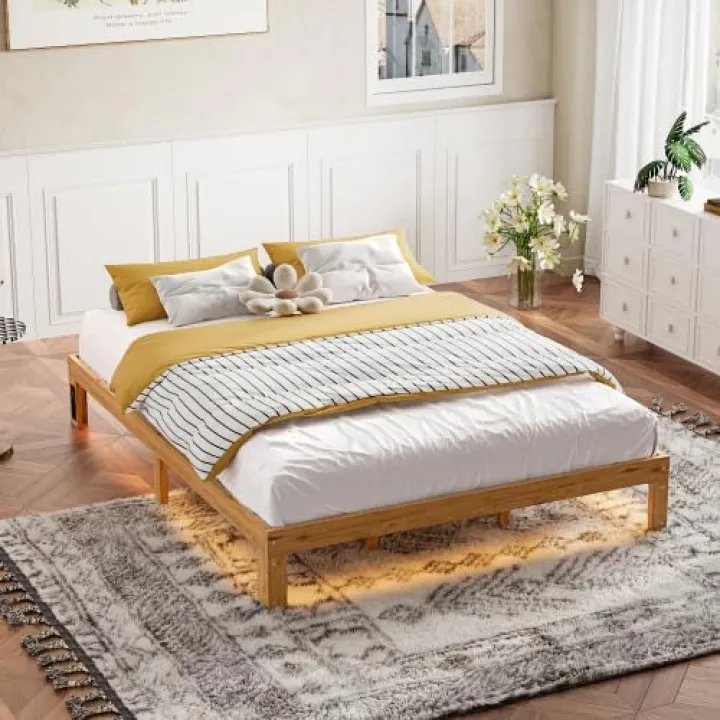 12 Inches Wood Platform Bed Frame, Minimalist Style Mattress Foundation with Solid Rubber Wood, Queen Size Bed Frame with Strong Wooden Slats Support, Without Headboard,Rustic Pine