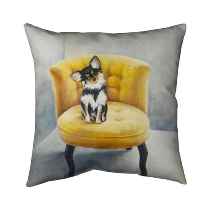 18 x 18 in. Long-Haired Chihuahua on A Yellow Armchair-Double Sided Print Indoor Pillow