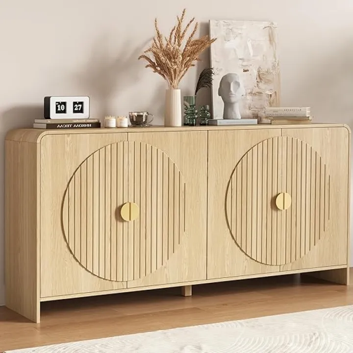 Sideboard Buffet Cabinet with Storage, 65" Modern Wood Kitchen Buffet Storage Cabinet, Coffee Bar Station, with 4 Doors and Adjustable Shelves, for Kitchen, Living Room, Entryway, Natural
