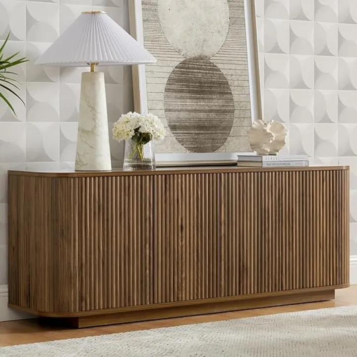 64" Buffet Sideboard Cabinet with Storage, Modern Fluted Accent Credenza with Adjustable Shelves, Wood Coffee Bar Console Table for Living Room Kitchen Dining Room Hallway, Walnut
