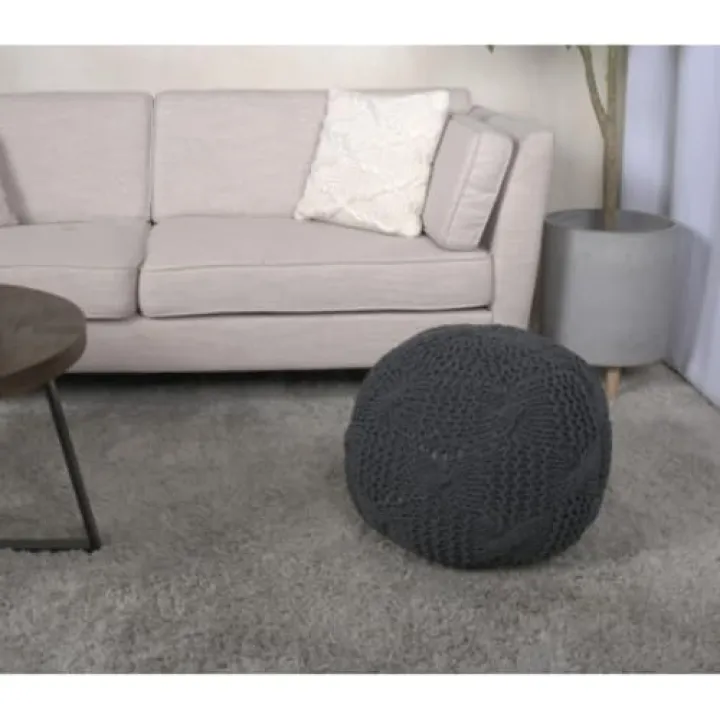 Bordeaux Knitted Cotton Round Pouf, Dark Gray - Perfect for Living Room Entryway Decor