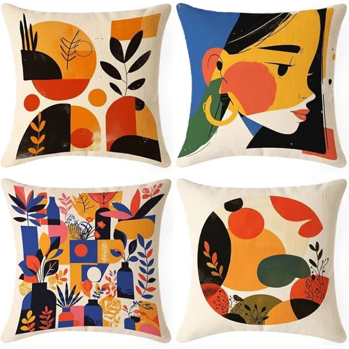 Abstract Outdoor Pillows Waterproof, Colour Throw Pillow Covers 32x32 in Set of 4, Waterproof Linen Decorative Cushion Covers for Patio Garden Porch Bench Chair Sofa Bed Indoor Home Room Decor OL-F