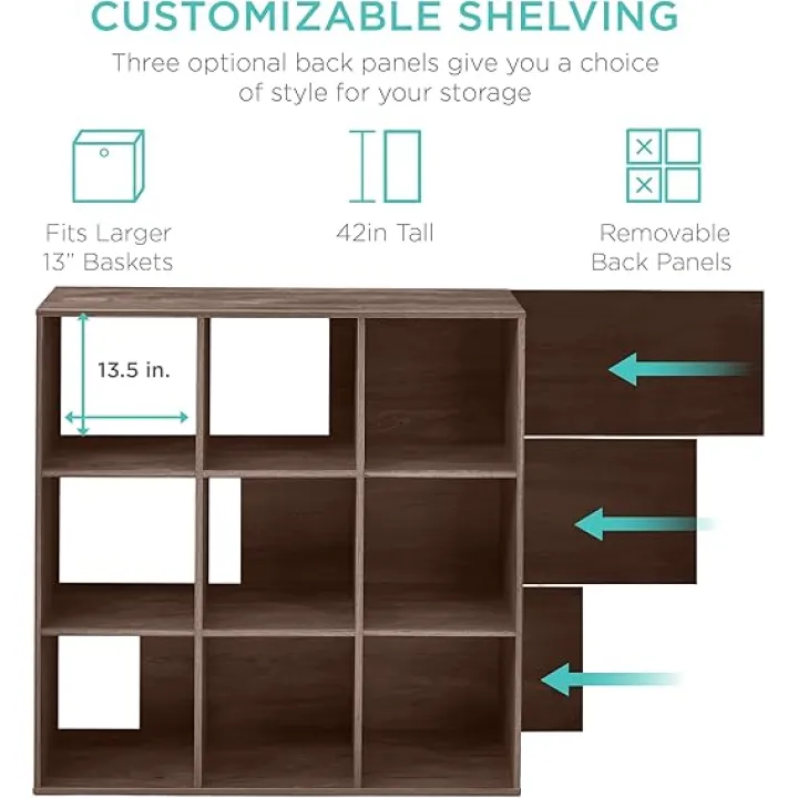 Best Choice Products 9-Cube Bookshelf, 3-Tier Wood Storage Bookcase W/Legs, 11in Shelf Opening, Cube Organizer, Living Room, Office, Nursery - Walnut