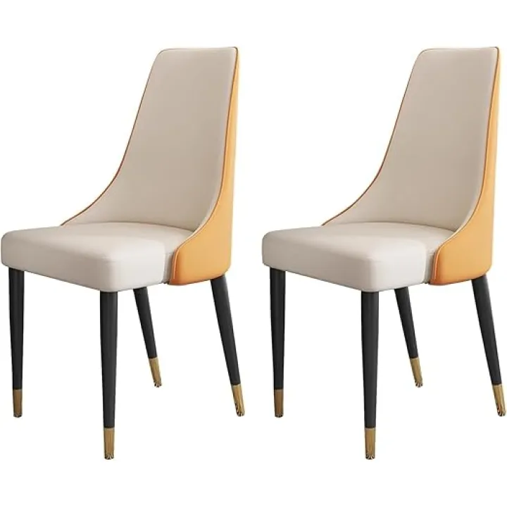 Set of 2 Armless PU Leather Dining Chairs – High-Back Kitchen Chairs with Metal Legs | Modern Leisure Side Chairs for Home, Kitchen, Restaurant & Living Room(Color:Orange White)