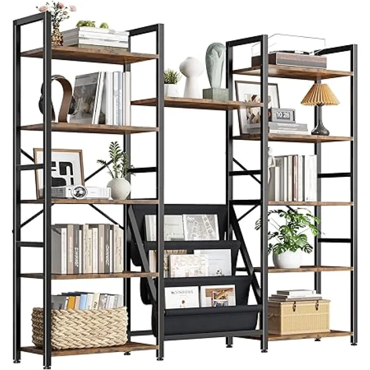 Triple 5 Tier Bookshelf, Industrial Large Bookcase with 11 Open Display Shelves, Large Etagere Bookshelf,Wide Book Shelf Book Case for Home & Office, Rustic Brown