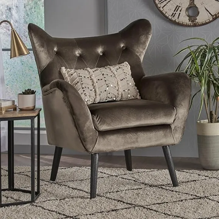 Velvet Accent Chair, Mid Century Modern Chair, Tufted Upholstered Single Sofa Comfy Side Armchair with High Back Leisure Vanity Guest Wingback Chair for Office Study Vanity Waiting (Lavender)