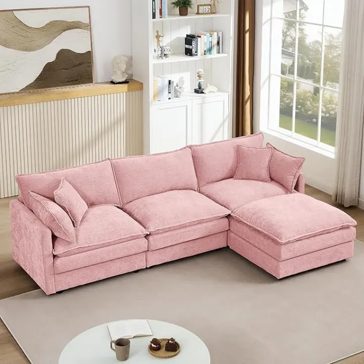 Harper & Bright Designs 105" W Modular L-Shaped Sectional Sofa with Removable Ottoman, 3-Seater Configurable Layout, Pink