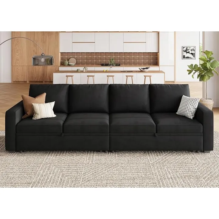 HONBAY Modular Sectional Sleeper Sofa Bed, with Pull Out Bed, Linen Convertible Sectional Couches for Living Room - Black