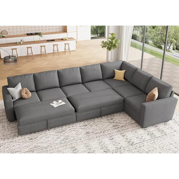 HONBAY Sectional Sleeper Sofa with Pull Out Bed with Storage Seat, L Shaped Sectional Couches for Living Room - Dark Grey
