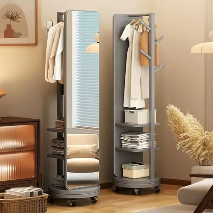 360° Rotating Full-Length Mirror with Swivel Wheels | 2-in-1 Floor Mirror & Coat Rack | Solid Wood Design for Bedroom & Living Room(Size:50×50×180cm(19.7×19.7×70.9in),Color:Grey)