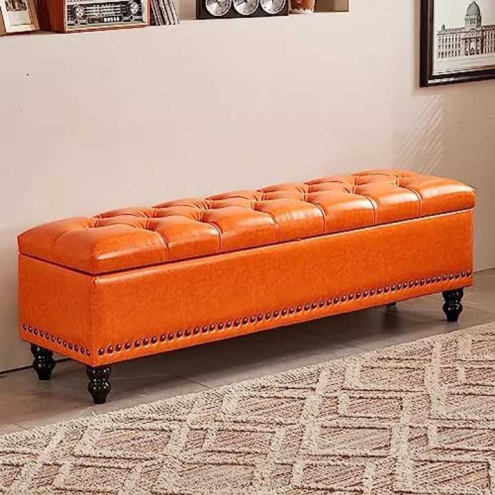 OGMOYT Footstool, Tufted Pouf in Faux Leather with Storage Unit, Padded Rectangular Pouf, Storage Bench in Leather, Long Pouf with Storage Unit for Living Room, Entrance, Corri,Orange