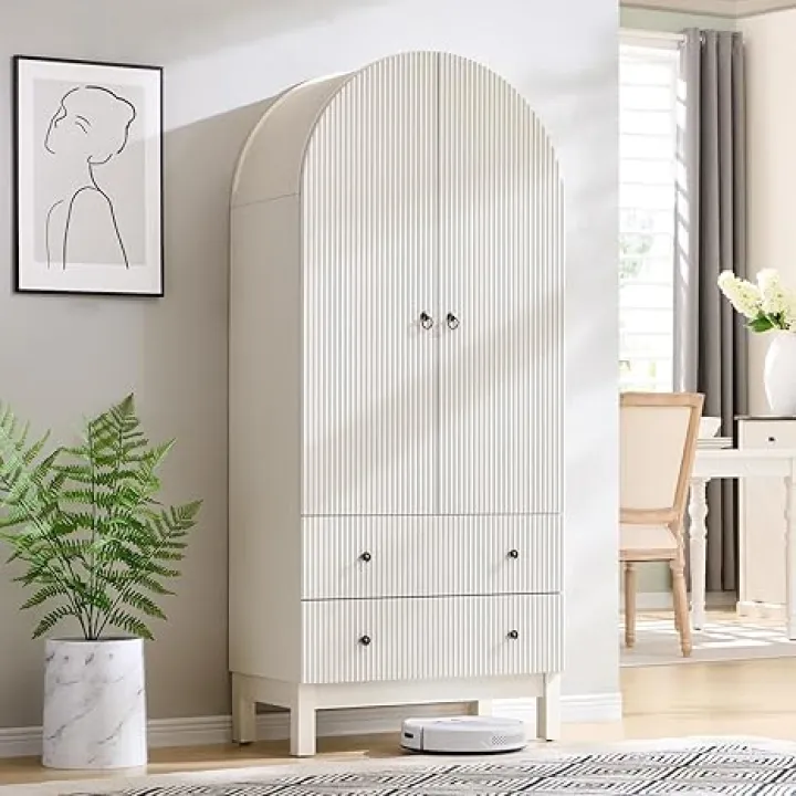 Fluted Arched Pantry Cabinet, 71" Tall Kitchen Storage Pantry Cabinet with Adjustable Shelves and 2 Large Drawers, Freestanding Morden Versatile Cupboard for Living Room, Bathroom, White