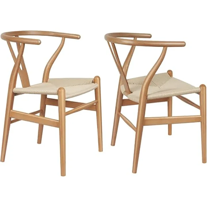 Polynices Wishbone Chair, Weave Modern Solid Wood Mid-Century Y Shaped Backrest Dining Chair (Beech Wood +Natural Set of 2)