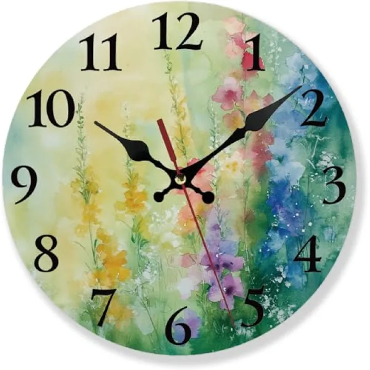Nicegod Colorful Flower Silent Non Ticking Round Wall Clock 10 Inch, Battery Operated, Decorative for Living Room Kitchen Bathroom Bedroom Office, Sage Green Herbs Wildflower Clock (Abstract Flower)