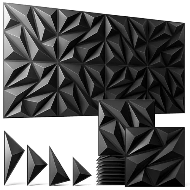 ZELMINE 3D Wall Panels Black 16 Pack (Covers 15.5 Sq.Ft), 12" x 12" Diamond Texture Premium PVC Wall Tiles for Interior Decor, Waterproof & Paintable Accent Paneling for Gaming Room, Living Room