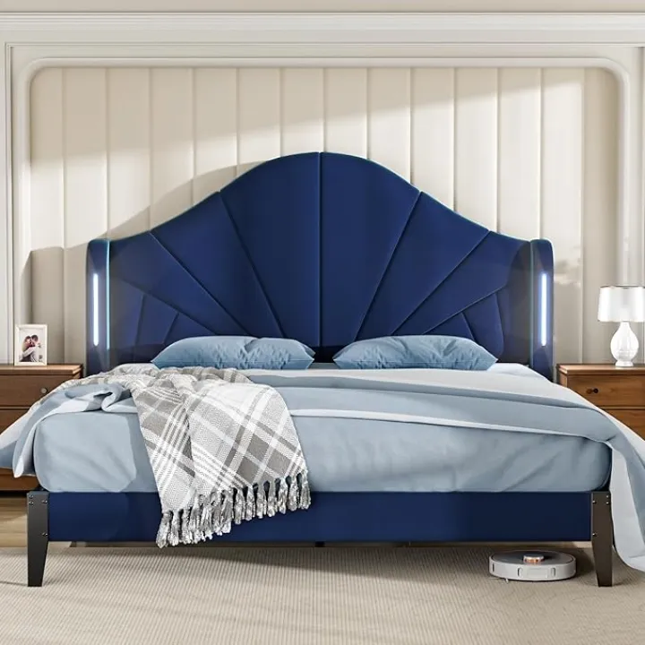 Queen Size Bed Frame with Headboard Touch LED Lights, Wingback Upholstered Platform Bed Queen Size Modern Design No Box Spring, Easy Assembly Contemporary Sleep Solution, Velvet Blue