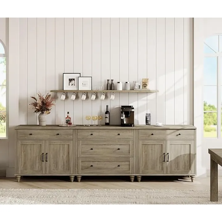 WAMPAT Sideboard Cabinet with 5 Drawers and 4 Doors, Vintage Wood Grain Design, Buffet Cabinet with Storage, Coffee Bar for Dinning Room, Kitchen and Living Room, 101 inch, Wash Grey