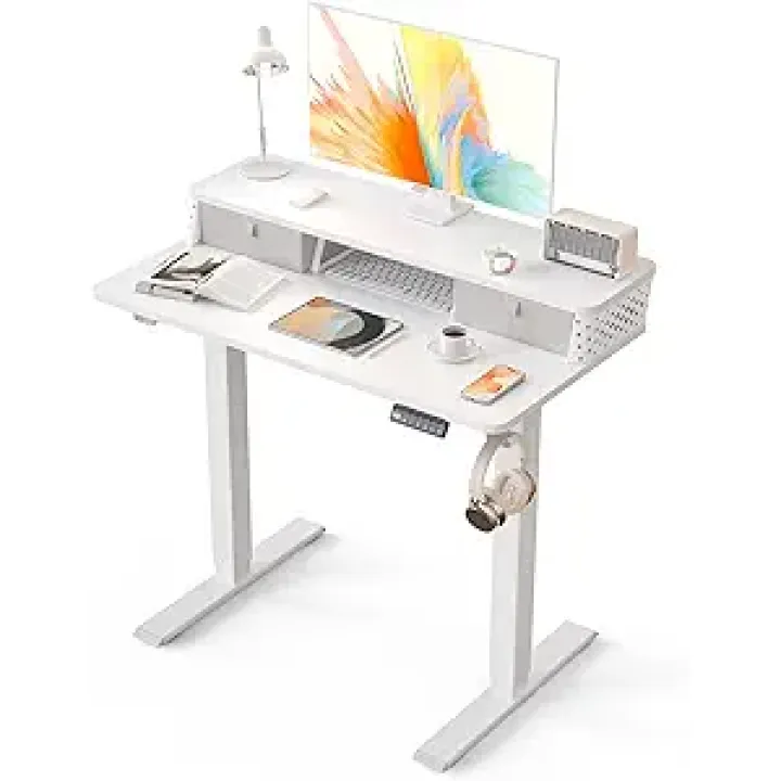 Electric Standing Desk with 2 Drawers 35''x 20'' Small Adjustable Height Sit to Stand Up Desk with Storage Shelf, C-Clamp Mount Compatible White Home Office Desks Computer Desk Ergonomic Workstation