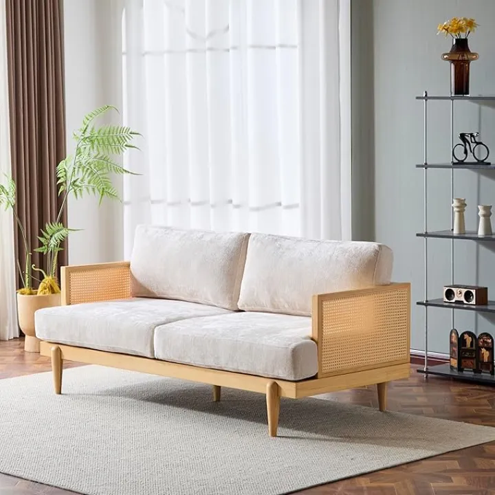 Christopher Knight Home Emir 3 Seater Sofa with Cushion, Sofa Chair with Cane Rattan and Wooden Frame, Spacious Seating Couch for Living Room/Bedrooms, Modern Slat Panel Sofa Couch, Natural + Beige