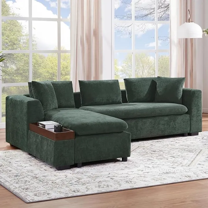 93.7''L Shaped Sectional Couch with Chaise Lounge, Modern Chenille Upholstered 3 Seat Cloud Sectional Sofa Couches with Wooden Storage Compartment for Living Room Apartment Office, Green