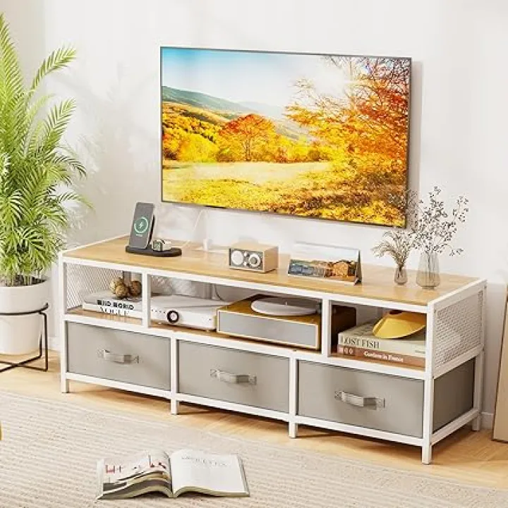 Giantex Dresser TV Stand for 65 Inch TV, Modern Entertainment Center w/Power Outlets, Open Shelf & Fabric Drawers, Television Stands, TV Console Table for Living Room Bedroom (Natural+White)
