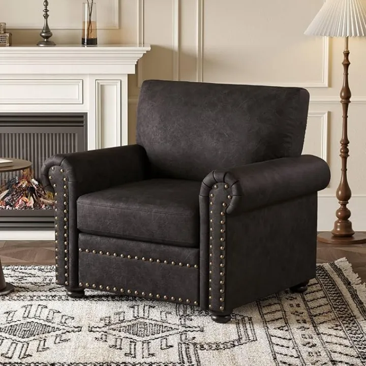 Faux Leather Accent Chair, Nailhead Trim Armchair for Living Room, Rolled Arms Single Sofa Chair, Springs Cushions, Solid Wood Legs, Comfy Upholstered Club Chair for Bedroom, Apartment, Black