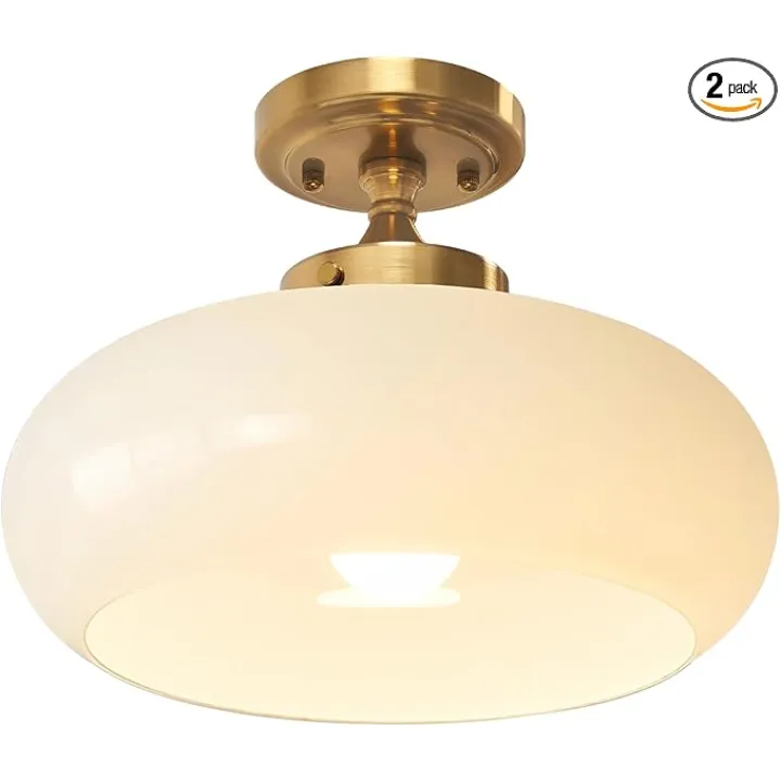Mid Century Modern Semi Flush Mount Ceiling Light Fixture, Gold Chandelier with 11.02" Milk White Glass Shade, Vintage Close to Ceiling Lamp for Hallway, Entryway, Bathroom, Closet