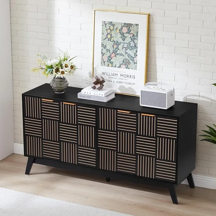Storage Sideboard Cabinet, Kitchen Sideboard Buffet Cabinet with Fluted Panel and Gold Metal Handle, Modern Wood Accent Cabinets for Kitchen, Living Room, Dining Room, Entryway, Hallway (Black)