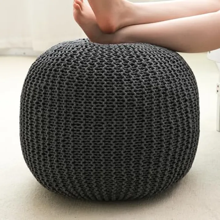 Pouf Ottoman Stuffed Round Modern Foam Filled Foot Rest Poufs for Living Room Chair Decorative 20 X 14 Inches Boho Relax Stool for Wedding Christmas Party, (Dark Grey, 20 Inch)