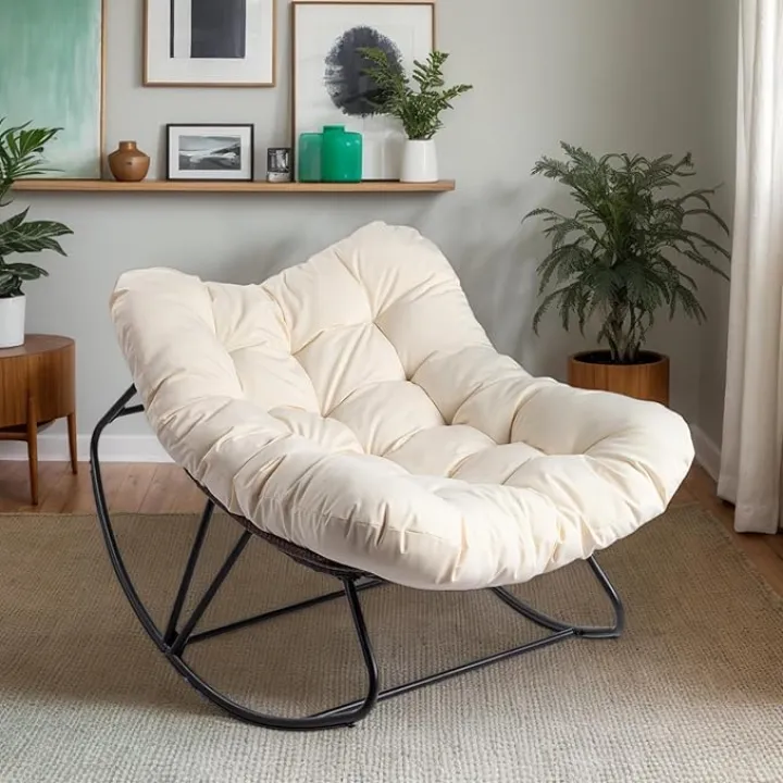 Oversized Rattan Papasan Chair, Ergonomic Lounge Accent Rocking Chair, Outdoor Steel Wicker Rocking Seating with Thick Padded Cushion, Front Porch Furniture for Patio Living Room Backyard