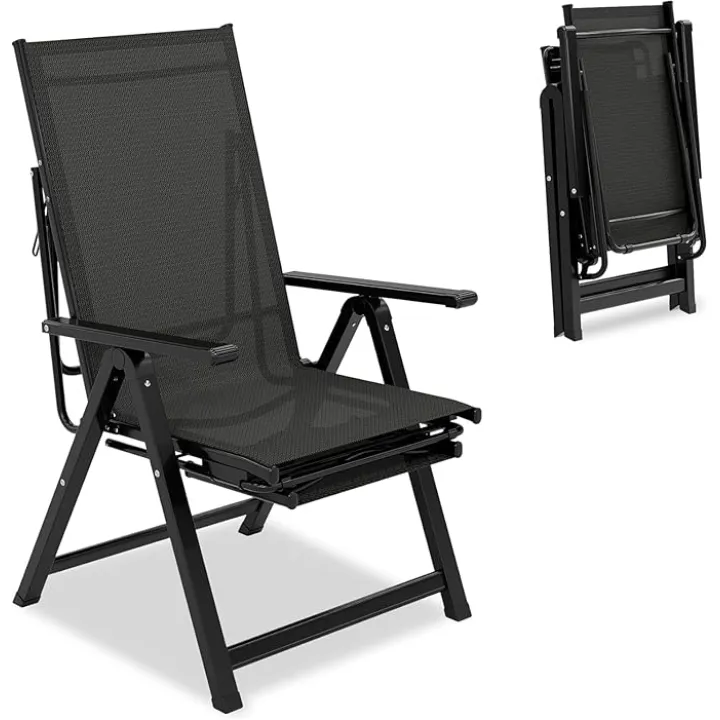 Premium Outdoor Folding Lounge Chair - Heavy Duty 330lbs Capacity Adjustable Recliner with Armrests & Footrest, Portable Patio Chair for Camping, Garden, Poolside, Deck - No Assembly Required, Black