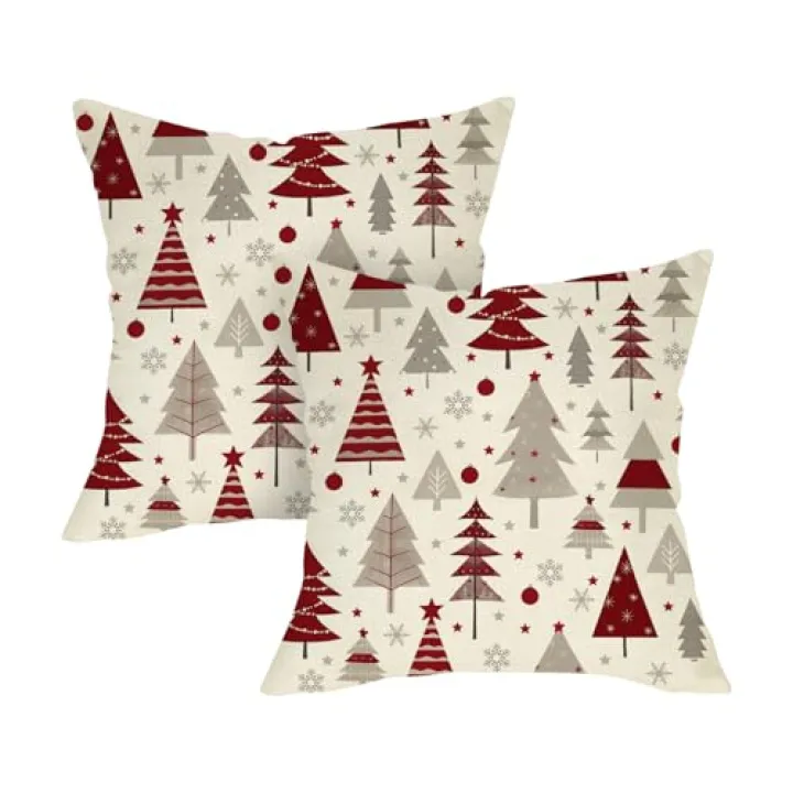 Fjfz Christmas Tree Decorative Throw Pillow Covers 18 x 18 Set of 2, Xmas Pine Trees Balls Snowflake Stars Porch Outdoor Home Decor, Winter Holiday Sofa Couch Cushion Case