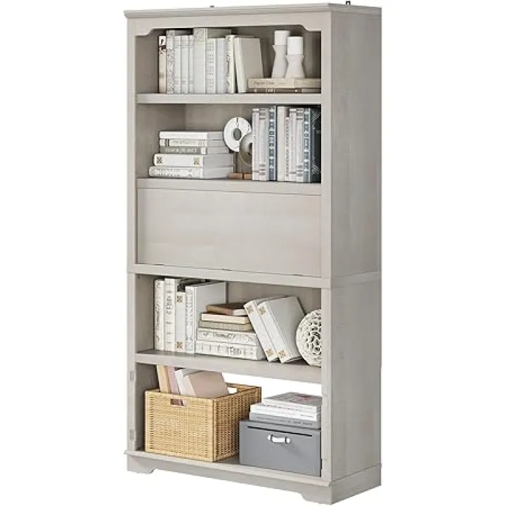 HIFYOBRO 5 Tier Bookshelf and Bookcase, 71" Tall Wood Bookshelves with Flip-Down Door on 3rd Book Shelf, Freestanding Open Display Storage for Study Room, Home Office (White)