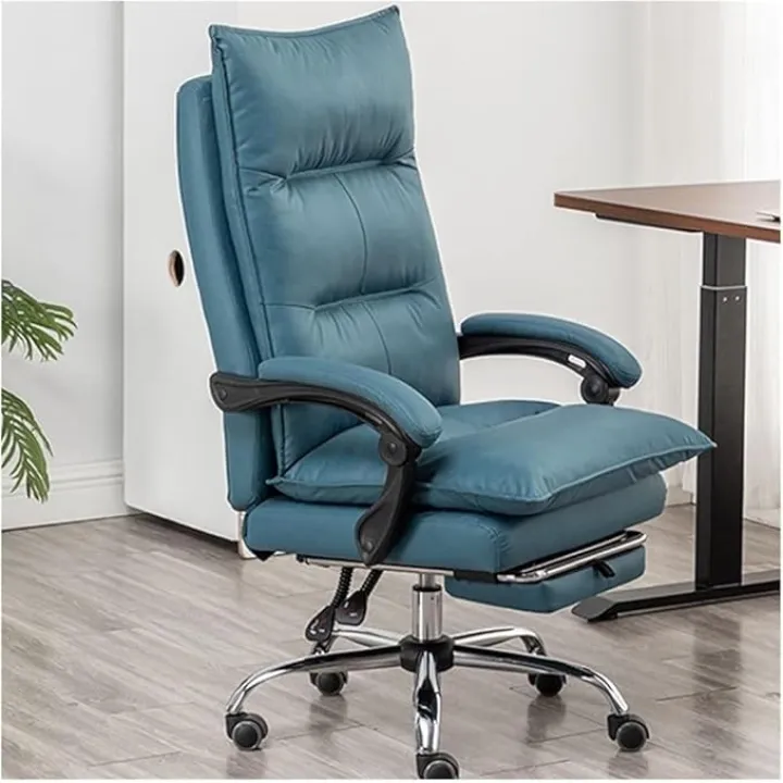 Ergonomic Reclining Office Chair with Footrest, High Back PU Leather Executive Computer Chair with Lumbar Support, Adjustable Swivel Desk Chair with Armrest for Home Office or Workstation(Blue)