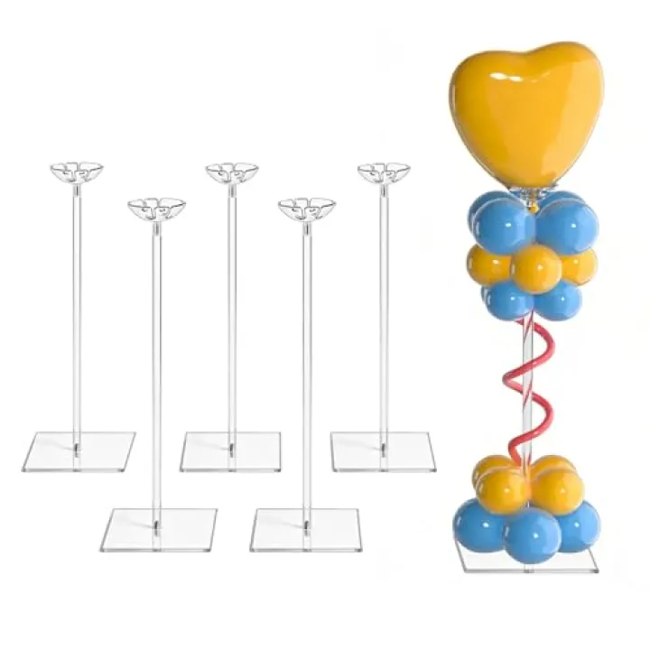 HEKORE Clear Acrylic Balloon Stand for Table with Base – 6 Pack 15.75‑inch Balloon Sticks with Base, Reusable Tabletop Display for Centerpieces & Party Decorations