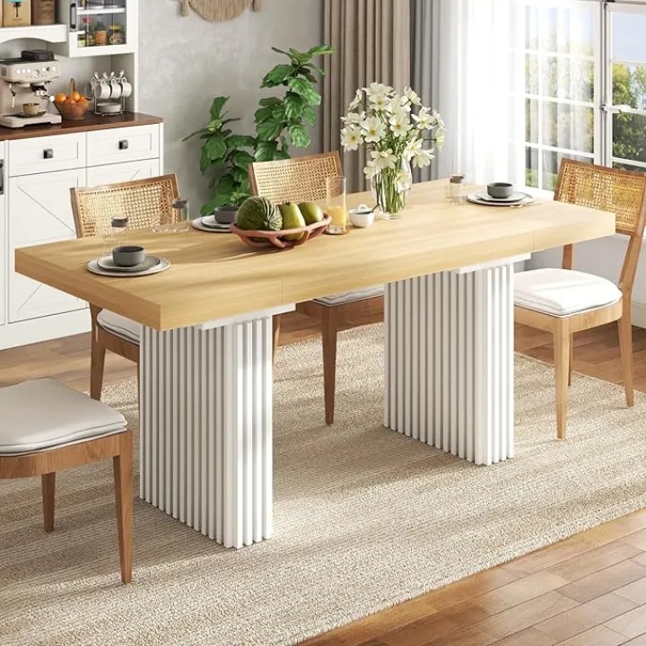 71" Large Dining Table for 6-8,Modern Rectangle Kitchen Table with Strip Base,Wood Dining Room Tables with Heavy Duty Legs for Kitchen, Dining Room (Natural)