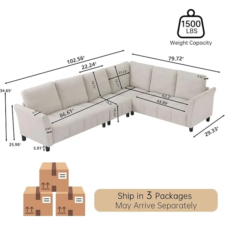 Convertible Sectional Sofa Couch, 103" L Shaped Couch with Back Cushions, Modern Upholstered Fabric 6-Seat Reversible Sofa Couches for Living Room, Apartment, Office, Beige