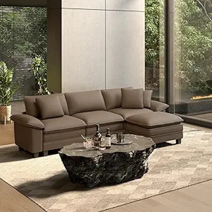 HERA'S HOUSE 124" L Shaped Modern Cloud Sofa Modular Sectional Couch with Removable Arms, 4-Seat with Ottoman Chenille Deep Seat for Living Room, Bedroom, Apartment