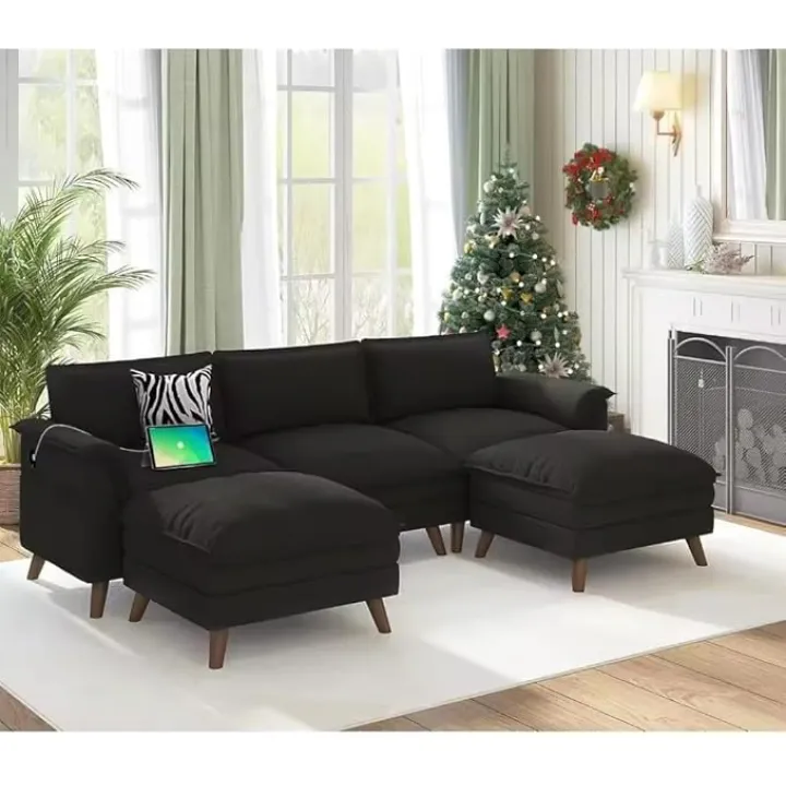 89" Modular Cloud Couch Sectional Sofa with Ottoman U Shape Deep Sectional Sofa with -C Port Storage Pockets