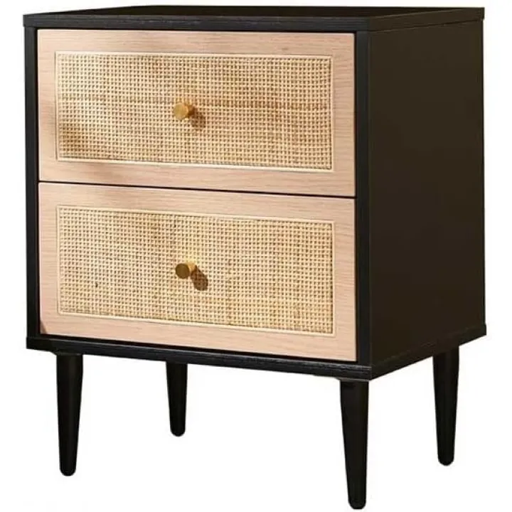 Modern Nightstand Wabi-sabi Style Wooden Rattan Bedside Table Simple Homestay Bedroom Storage Drawer Cabinet Bedside Table for Bedroom