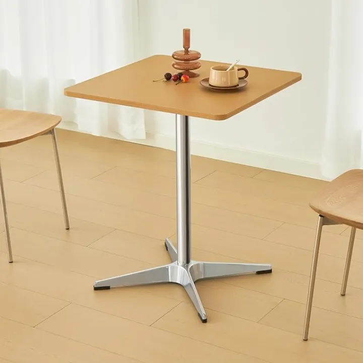 Wood Color Square Dining Table,23.7 Inches Modern Cross Iron Legs Kitchen TableThickened Tabletop & Sturdy Metal Pedestal, Modern Fashion Table for Small Places, Living Room,Cafe (Square)