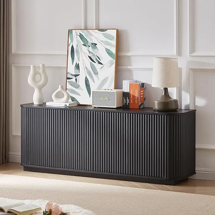 64in Large Buffet Storage Cabinet Sideboard with 4 Doors and Adjustable Shelves Fluted Modern Wooden Media Console Coffee Wine Bar for Kitchen/Bedroom/Entryway. 64''W x 15''D x 24''H.