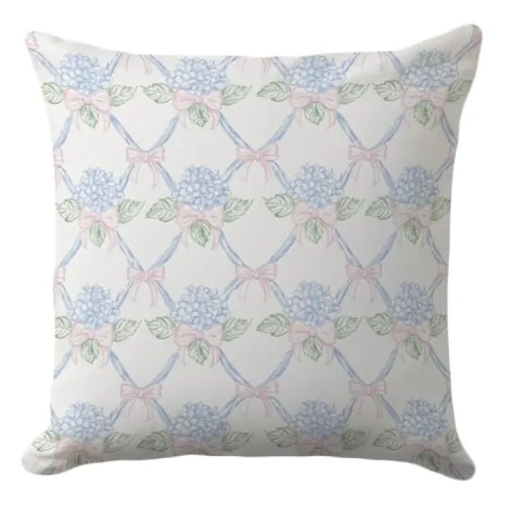 Hydrangea Pillow Cover 18x18 – Vintage Floral Cushion with Bows – Pastel Coquette Throw Pillow Case for Girls Bedroom, Sofa or Cottagecore Decor