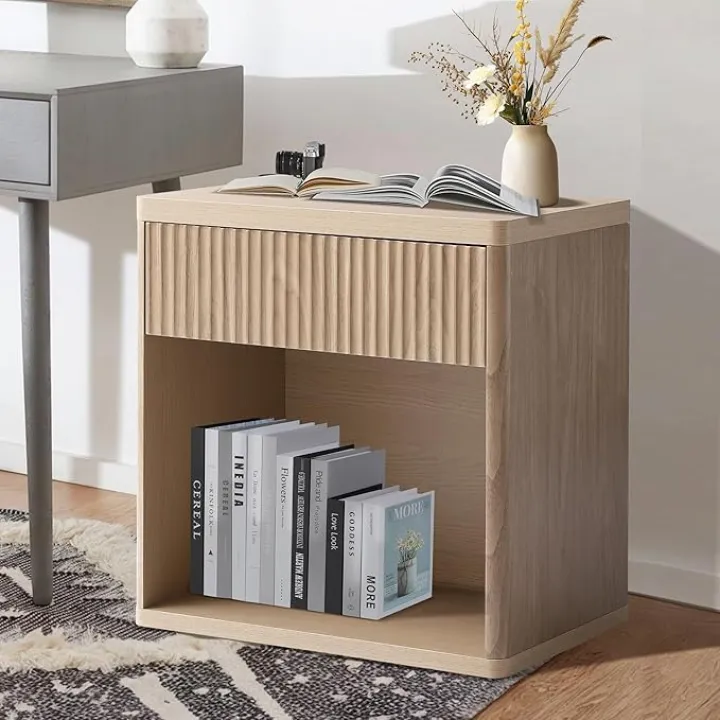 23" Fulted End Table, Sofa Bed Side Table with Drawer Storage, Mid Century Morden Nightstand Couch Tables with Open Storage Shelf for Living Room, Bedroom, Bedside, Offices