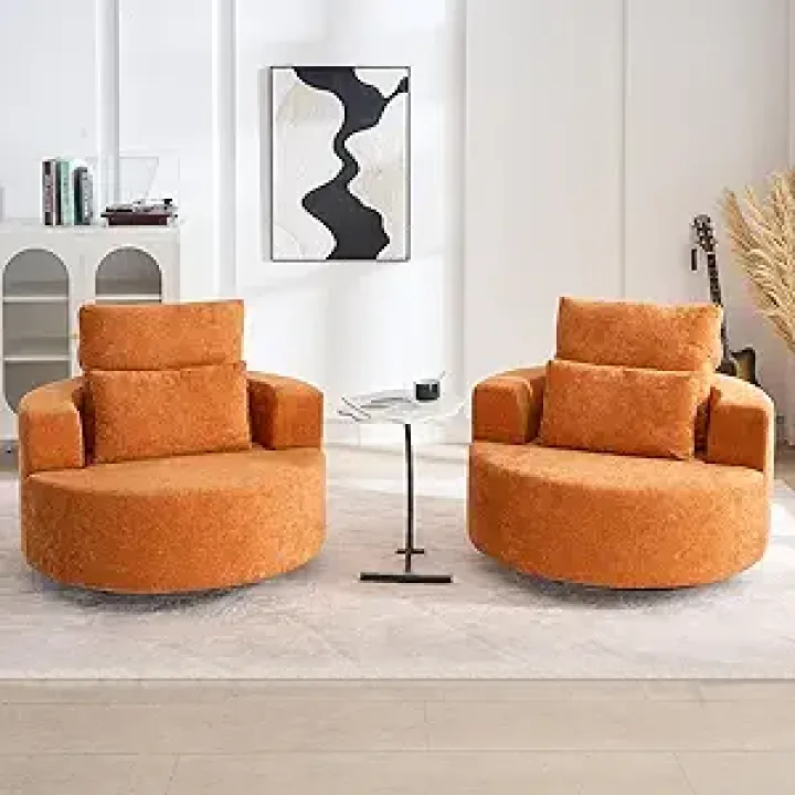 Furnimart 40" Oversized Barrel Accent Chair Set of 2, 360° Swivel Round Upholstered Sofa, Chenille High-Resilience Sponge, No Assembly, Wide Seat for Living Room, Bedroom, Apartment (Orange)