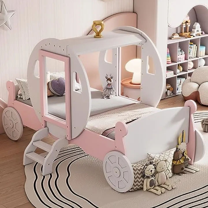 LUMISOL Twin Size Princess Carriage Bed with Crown, Twin Princess Bed with Stair, No Box Spring Needed, White Pink